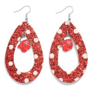 Red Glitter Christmas Teardrop Earrings with Red Enamel Mitten Charms